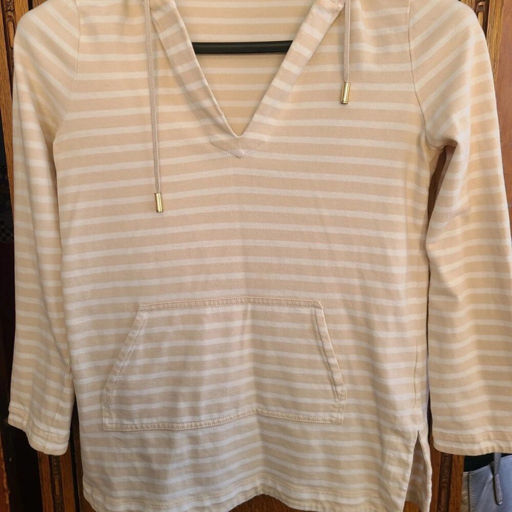 Tory Burch Womens Hoodie Pullover Striped V neck Medium 100% Cotton